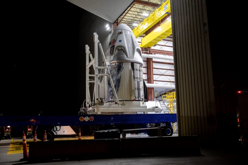 The SpaceX Crew Dragon spacecraft arrives at Launch Complex 39A at NASA’s Kennedy Space Center in Florida