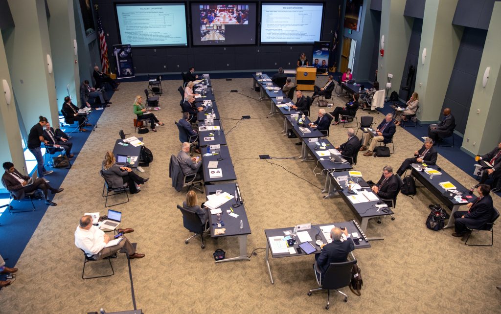 On May 21, 2020, inside the Operations Support Building II at NASA’s Kennedy Space Center in Florida, NASA and SpaceX managers participate in a flight readiness review for the upcoming Demo-2 launch. 