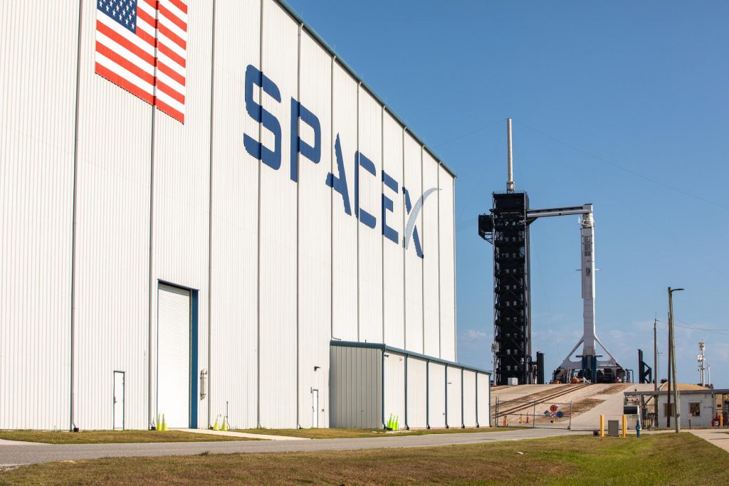 A SpaceX Falcon 9 rocket, with the Crew Dragon atop, stands poised for launch at historic Launch Complex 39A at NASA’s Kennedy Space Center in Florida on May 21, 2020, ahead of NASA’s SpaceX Demo-2 mission.