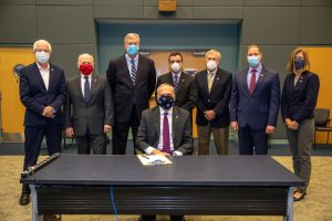 NASA managers pose for a photo following the conclusion of the flight readiness review on May 22, 2020, ahead of the agency's SpaceX Demo-2 launch.