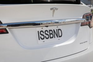 A Tesla with a tag that reads “ISSBND” is photographed at historic Launch Complex 39A during a dress rehearsal for launch at NASA’s Kennedy Space Center in Florida on May 23, 2020, ahead of the agency’s SpaceX Demo-2 mission to the International Space Station.