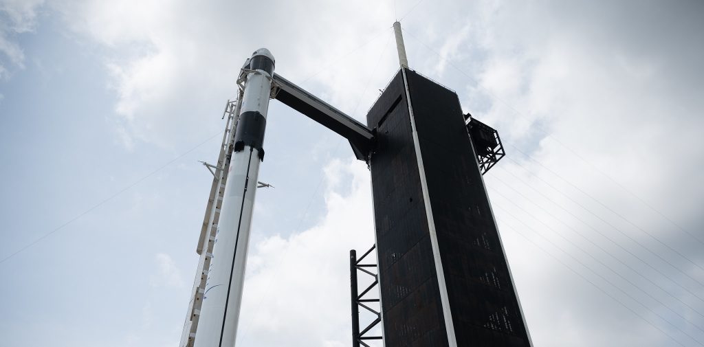 A SpaceX Falcon 9 rocket with the company's Crew Dragon spacecraft onboard is seen on the launch pad at Launch Complex 39A as preparations continue for the Demo-2 mission, Thursday, May 28, 2020, at NASA’s Kennedy Space Center in Florida.