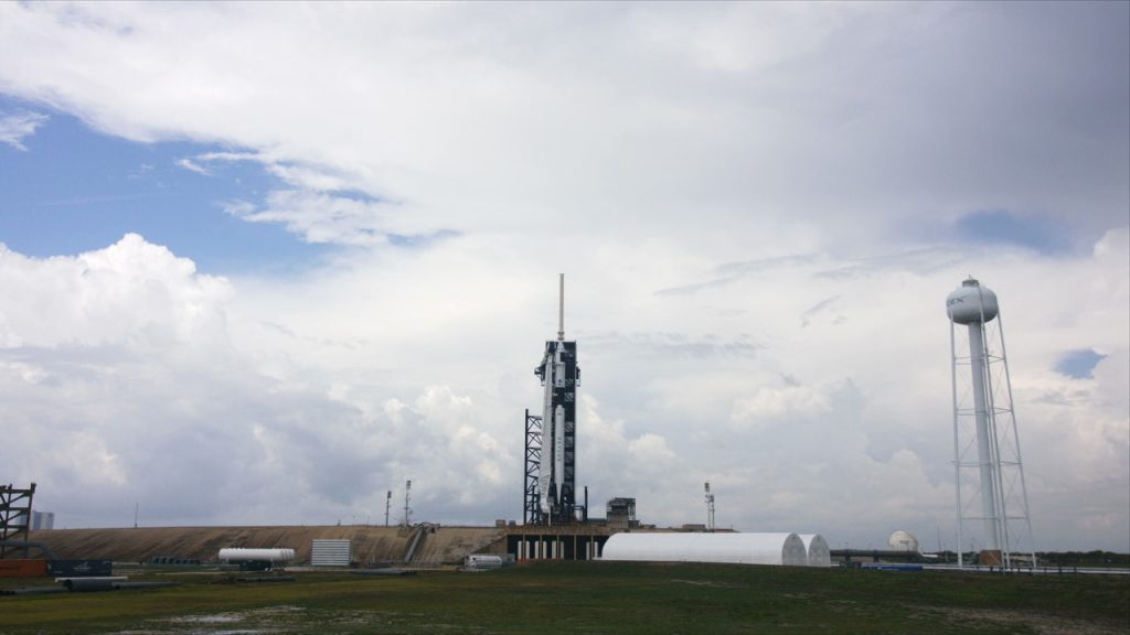 The SpaceX Falcon 9 and Crew Dragon spacecraft stand on Launch Complex 39A on May 27, 2020. 