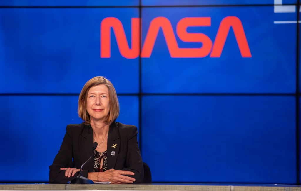 Kathy Lueders, participates in a postlaunch news conference inside the Press Site auditorium at the agency’s Kennedy Space Center in Florida on May 30, 2020, following the launch of NASA’s SpaceX Demo-2 mission to the International Space Station.