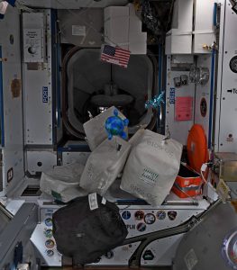 Photo of cargo bags packed and staged near the docking adapter connecting the space station to the SpaceX Crew Dragon.