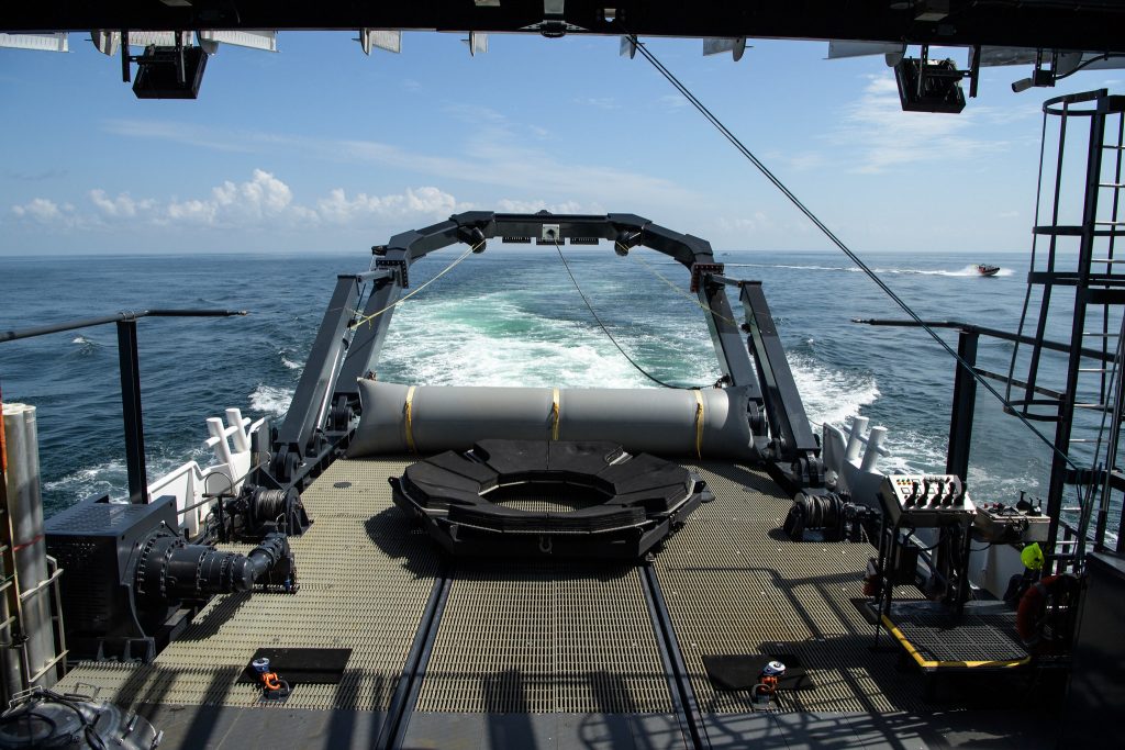 NASA and SpaceX support teams onboard the SpaceX GO Navigator recovery ship prepare for the landing of the SpaceX Crew Dragon Endeavour spacecraft with NASA astronauts Robert Behnken and Douglas Hurley onboard, Sunday, Aug. 2, 2020 in the Gulf of Mexico off the cost of Pensacola, Florida.