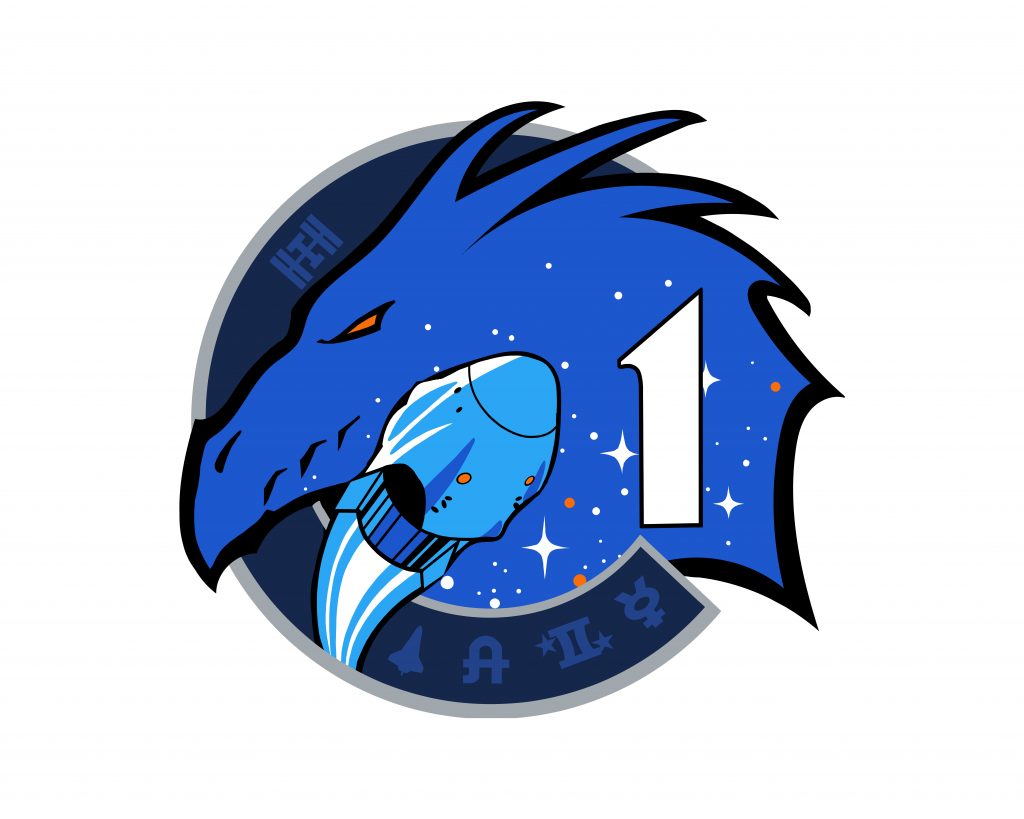 The SpaceX Crew-1 official crew insignia features a dragon in silhouette, a Crew Dragon spacecraft, and the numeral 1 for Crew-1.