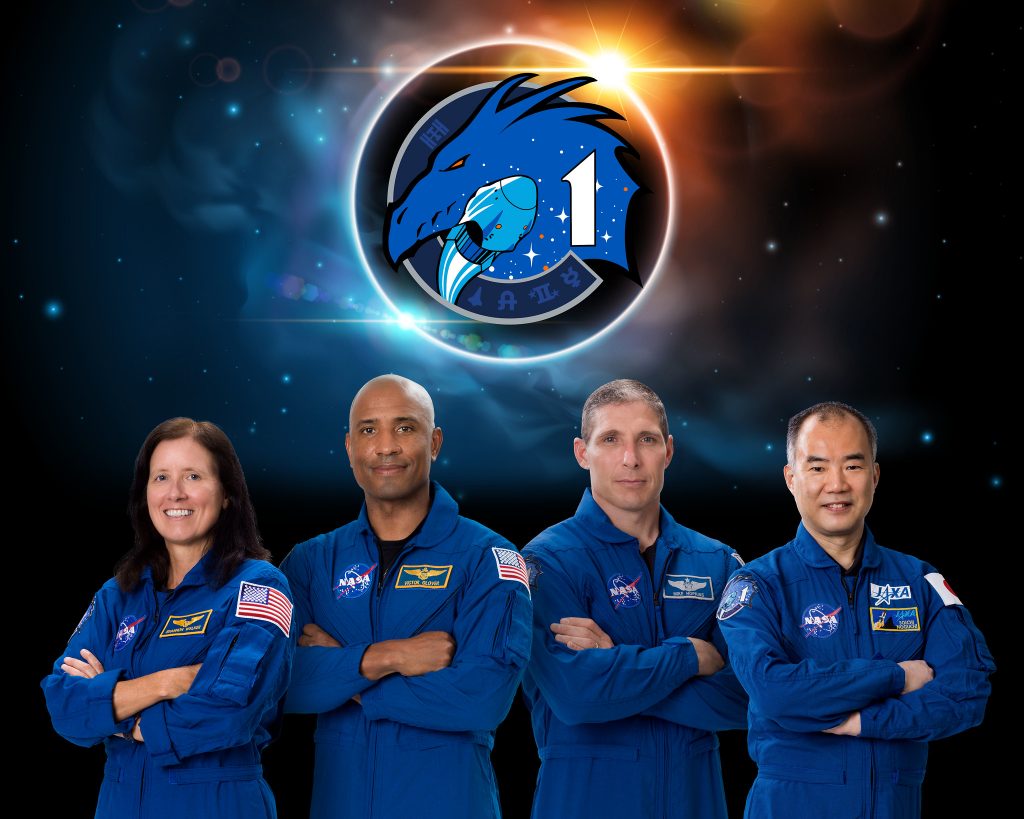 Mission specialist Shannon Walker, left, pilot Victor Glover, Crew Dragon commander Michael Hopkins — all NASA astronauts — and Japan Aerospace Exploration Agency (JAXA) astronaut and mission specialist Soichi Noguchi, right, will launch to the International Space Station on the agency’s SpaceX Crew-1 mission.