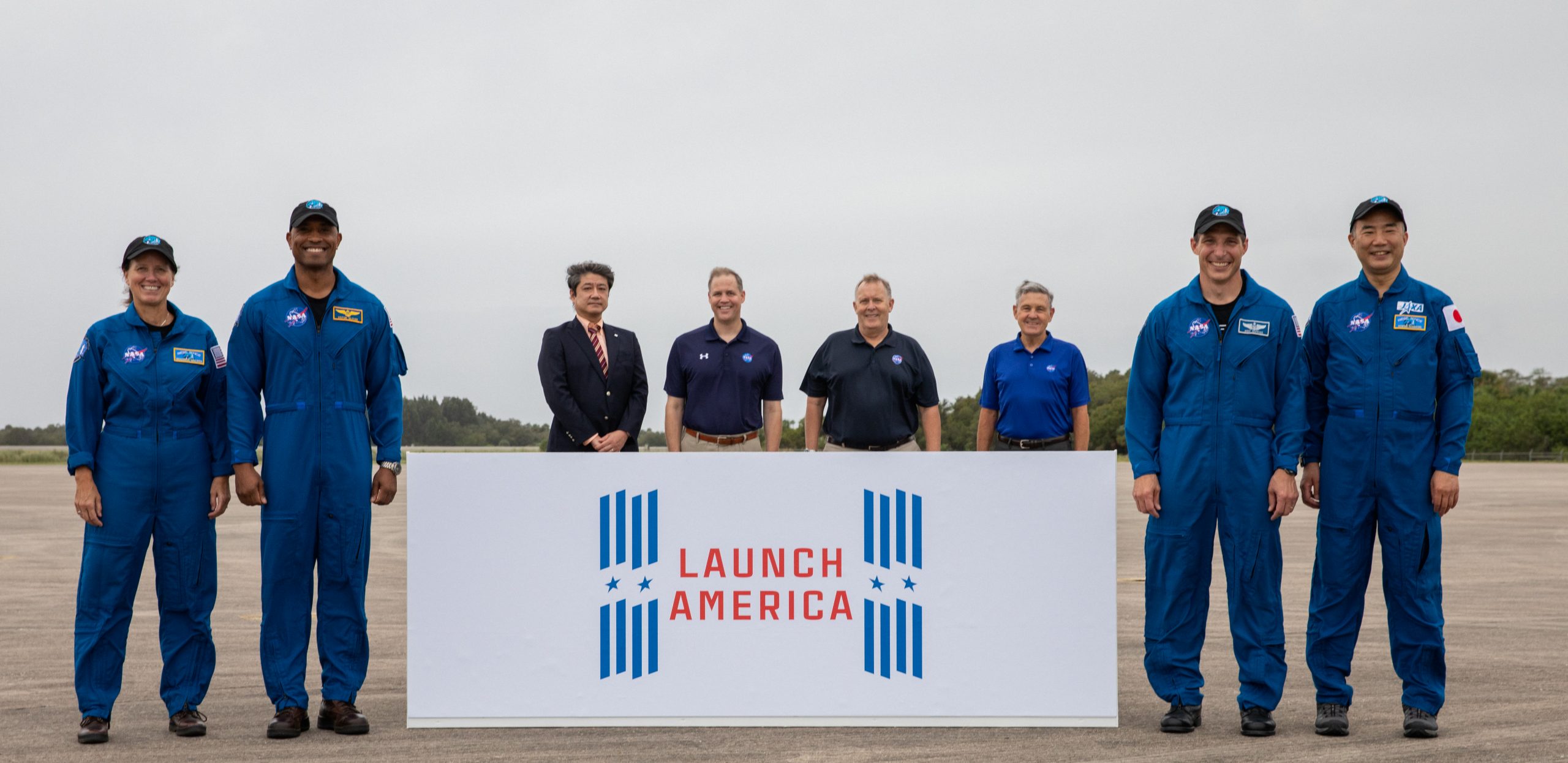 A crew arrival event for NASA’s SpaceX Crew-1 mission is held Nov. 8, 2020, at the Launch and Landing Facility at the agency’s Kennedy Space Center in Florida. 