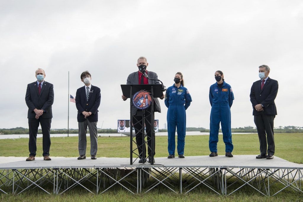 Frank De Winne, manager, International Space Station Program, ESA (European Space Agency) speaks to members of the media during a press conference with, from left, acting NASA Administrator Steve Jurczyk, Hiroshi Sasaki, vice president and director general of the Japan Aerospace Exploration Agency’s (JAXA) Human Spaceflight Technology Directorate, NASA astronauts Tracy Caldwell Dyson, and Jasmin Moghbeli, and Kennedy Space Center Director Bob Cabana, ahead of the Crew-2 launch, Wednesday, April 21, 2021, at NASA’s Kennedy Space Center in Florida. NASA astronauts Shane Kimbrough and Megan McArthur, ESA astronaut Thomas Pesquet, and JAXA astronaut Akihiko Hoshide are scheduled to launch at 5:49 a.m. EDT on Friday, April 23, from Launch Complex 39A at the Kennedy Space Center. 