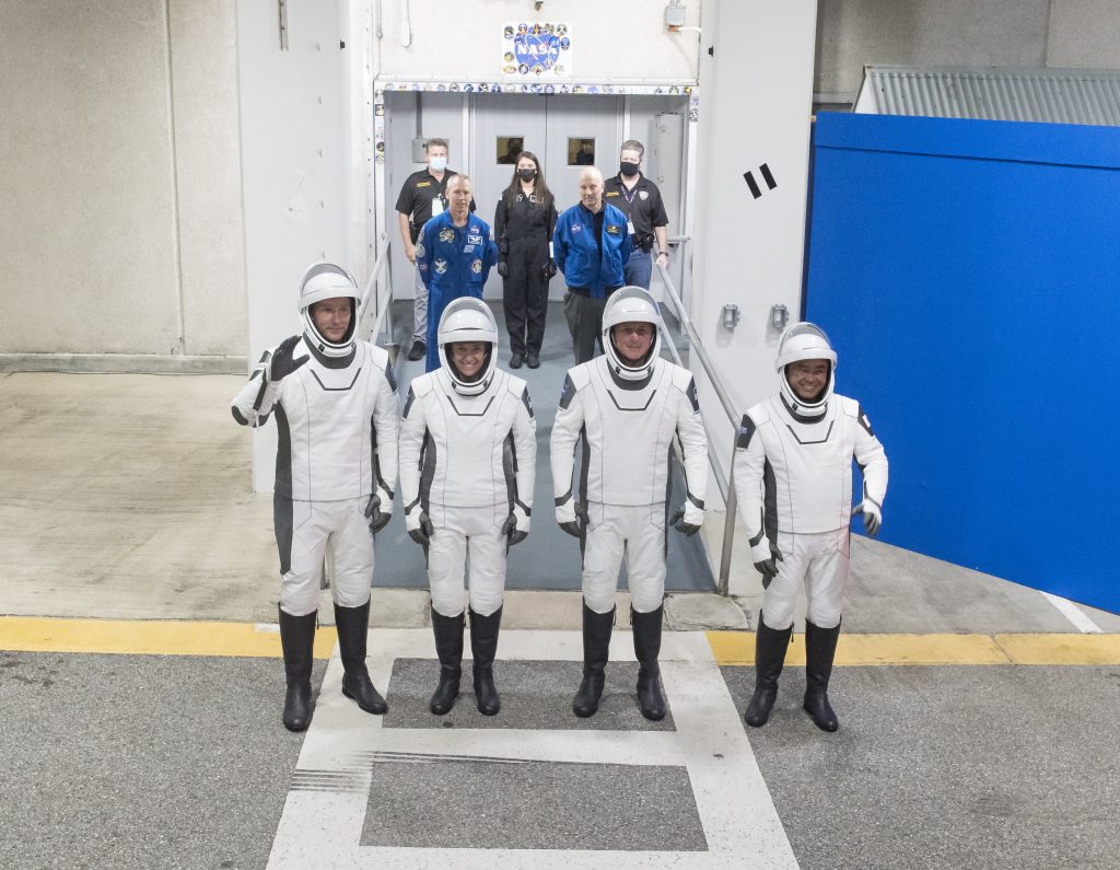 From left to right, ESA (European Space Agency) astronaut Thomas Pesquet, NASA astronauts Megan McArthur and Shane Kimbrough, and Japan Aerospace Exploration Agency (JAXA) astronaut Akihiko Hoshide, wearing SpaceX spacesuits, are seen as they prepare to depart the Neil A. Armstrong Operations and Checkout Building for Launch Complex 39A during a dress rehearsal prior to the Crew-2 mission launch, Sunday, April 18, 2021, at NASA’s Kennedy Space Center in Florida. NASA’s SpaceX Crew-2 mission is the second operational mission of the SpaceX Crew Dragon spacecraft and Falcon 9 rocket to the International Space Station as part of the agency’s Commercial Crew Program. Kimbrough, McArthur, Pesquet, and Hoshide are scheduled to launch at 6:11 a.m. ET on Thursday, April 22, from Launch Complex 39A at the Kennedy Space Center.