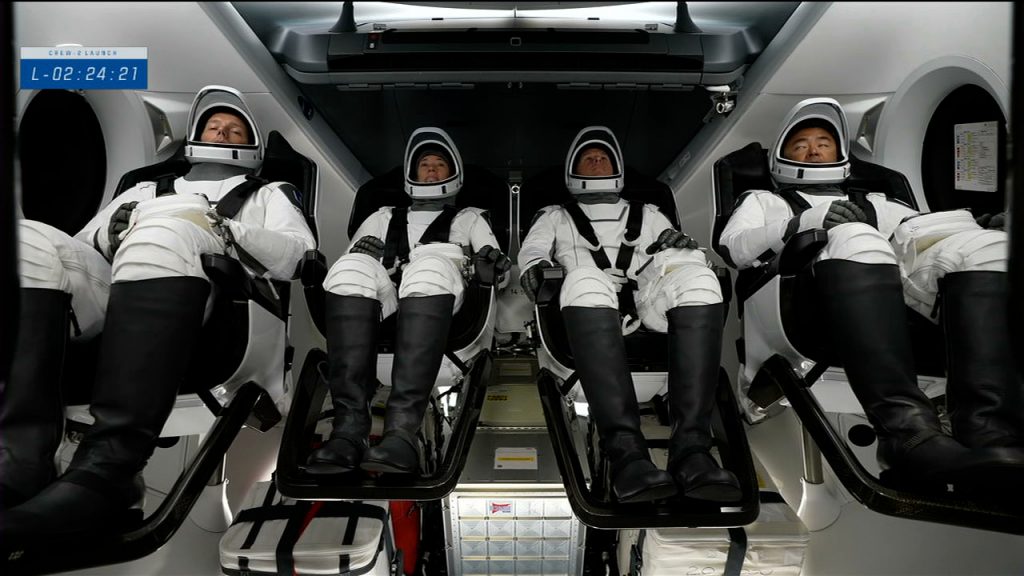 The Crew-2 astronauts are in view inside the Crew Dragon spacecraft at Launch Complex 39A at NASA's Kennedy Space Center in Florida on April 23, 2021.