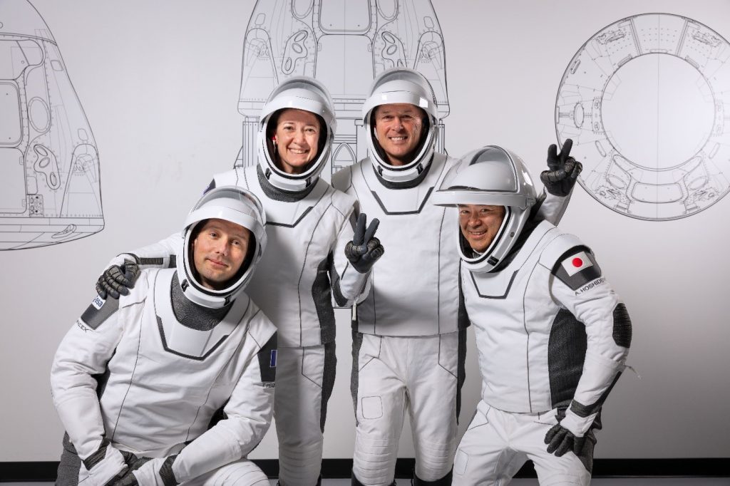 The crew for the second long-duration SpaceX Crew Dragon mission to the International Space Station, NASA’s SpaceX Crew-2, are pictured during a training session at the SpaceX training facility in Hawthorne, California. From left are, Mission Specialist Thomas Pesquet of the (ESA (European Space Agency); Pilot Megan McArthur of NASA; Commander Shane Kimbrough of NASA; and Mission Specialist Akihiko Hoshide of the Japan Aerospace Exploration Agency.