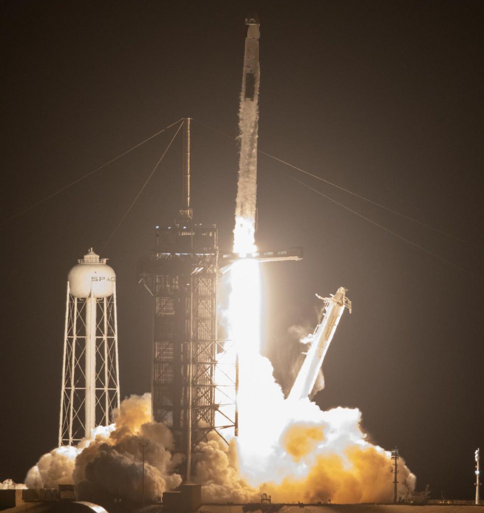 A SpaceX Falcon 9 rocket lifts off at 5:49 a.m. EDT from Launch Complex 39A at NASA’s Kennedy Space Center in Florida on April 23, 2021, carrying the company’s Crew Dragon Endeavour. 