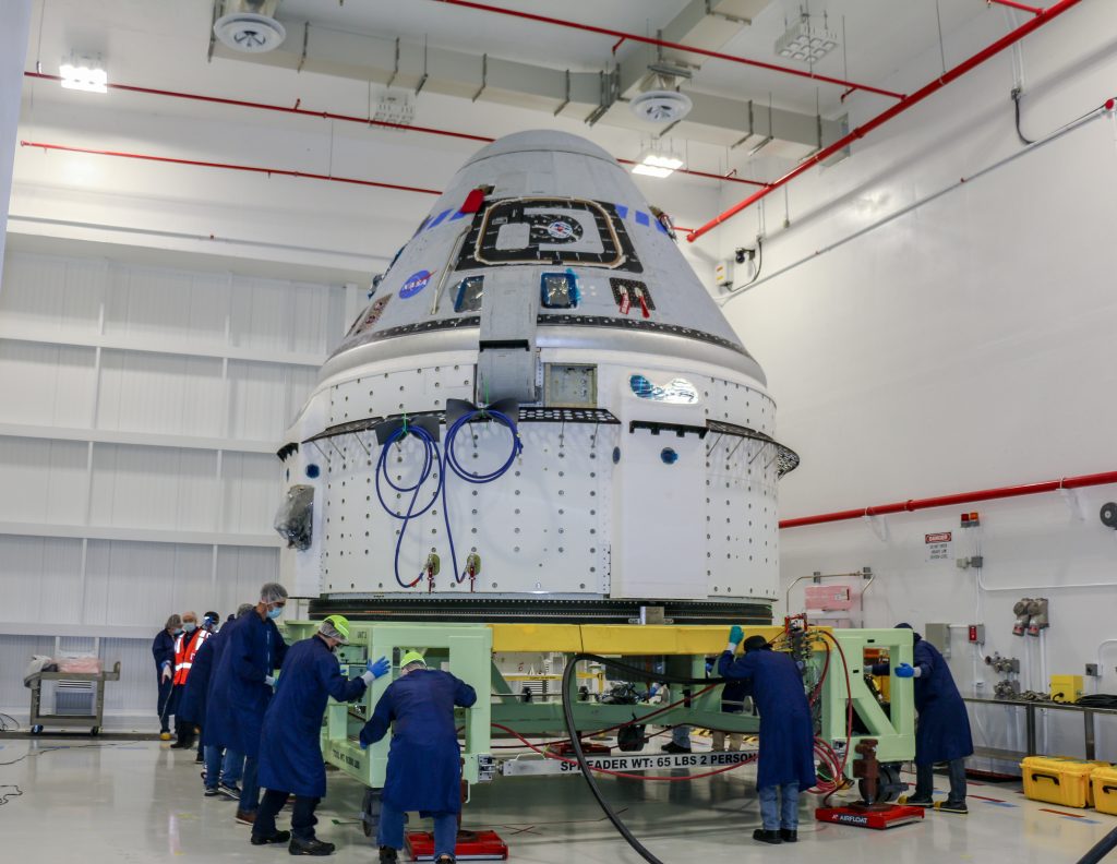 The Boeing CST-100 Starliner spacecraft to be flown on Orbital Flight Test-2 (OFT-2) is seen in the Commercial Crew and Cargo Processing Facility at NASA’s Kennedy Space Center in Florida on June 2. Part of the agency’s Commercial Crew Program, OFT-2 is a critical developmental milestone on the company’s path to fly crew missions for NASA. 