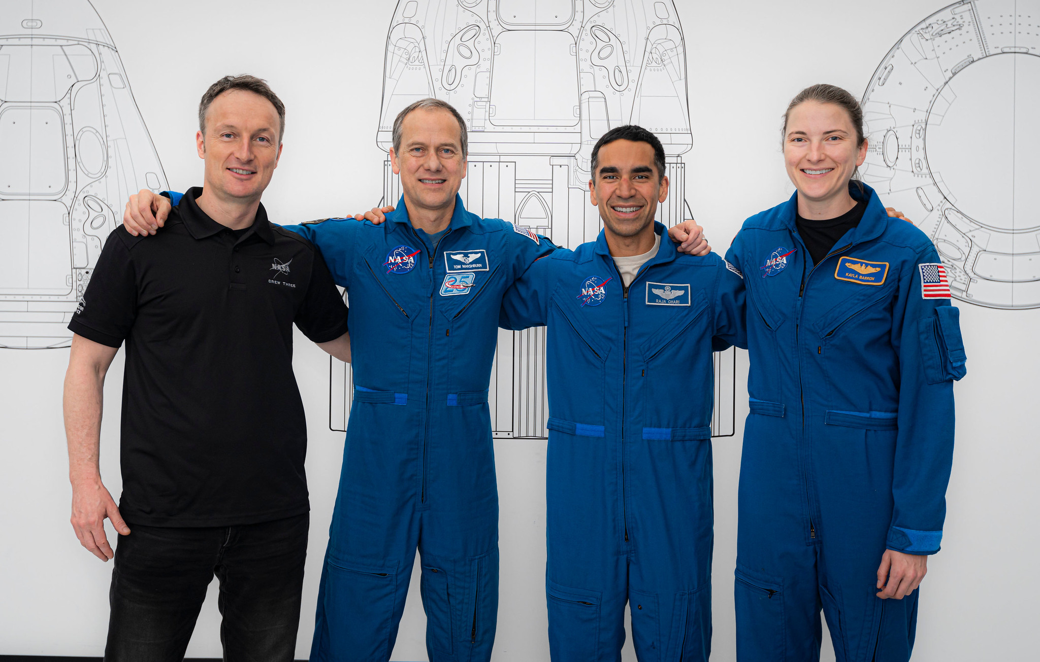 SpaceX Crew-3 astronauts (from left) Matthias Maurer, Thomas Marshburn, Raja Chari and Kayla Barron pose for a portrait during preflight training at SpaceX headquarters in Hawthorne, California.