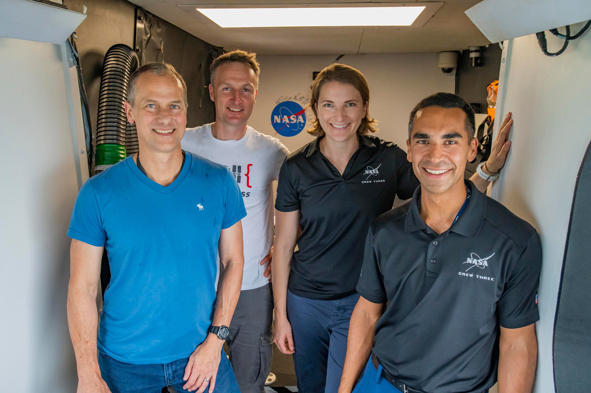 SpaceX Crew-3 astronauts (from left) Thomas Marshburn, Matthias Maurer, Kayla Barron and Raja Chari are pictured during preflight training at NASA's Kennedy Space Center in Florida.