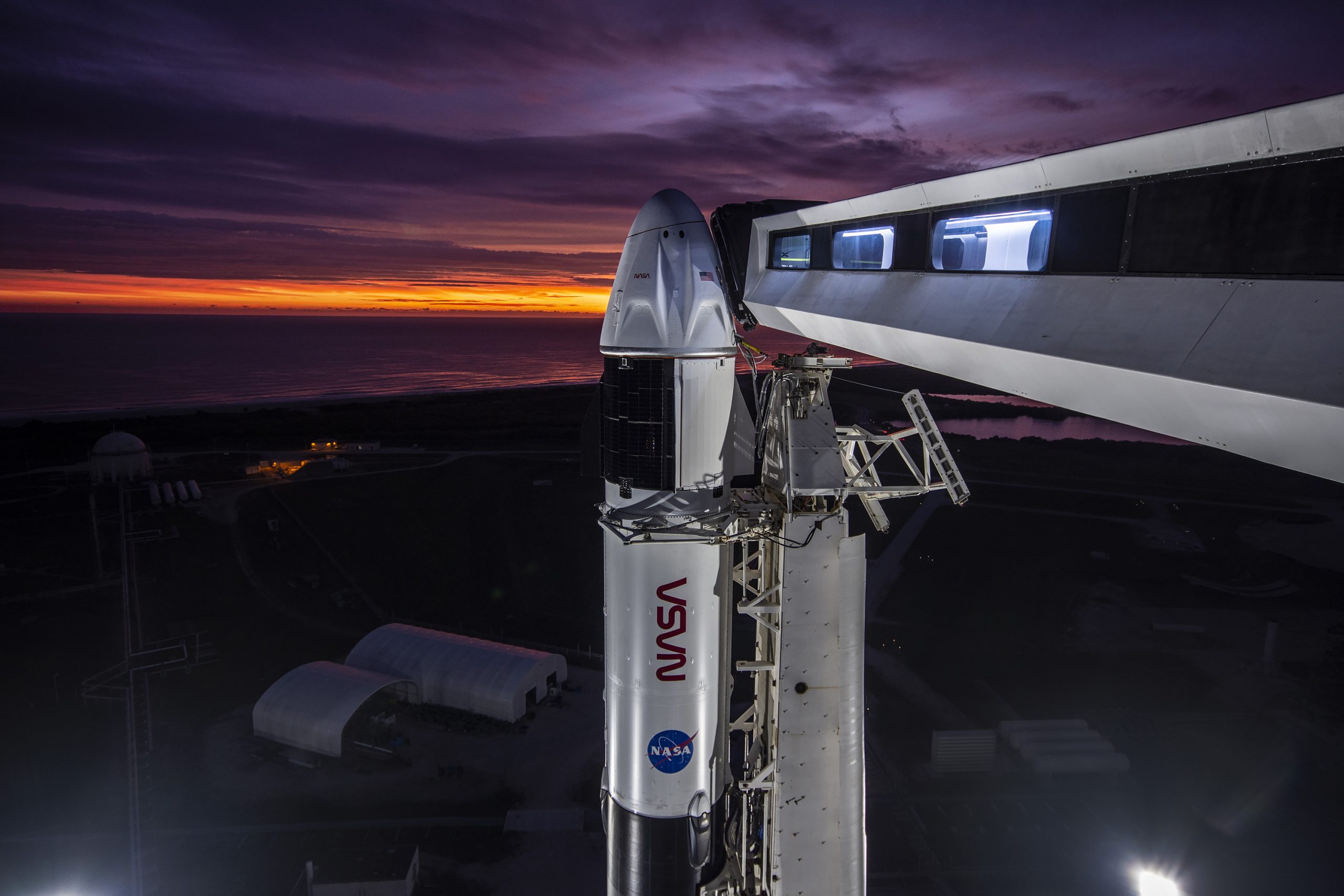 A close-up view of SpaceX's Crew Dragon spacecraft atop the Falcon 9 rocket at Kennedy Space Center's Launch Complex 39A on Oct. 28, 2021.