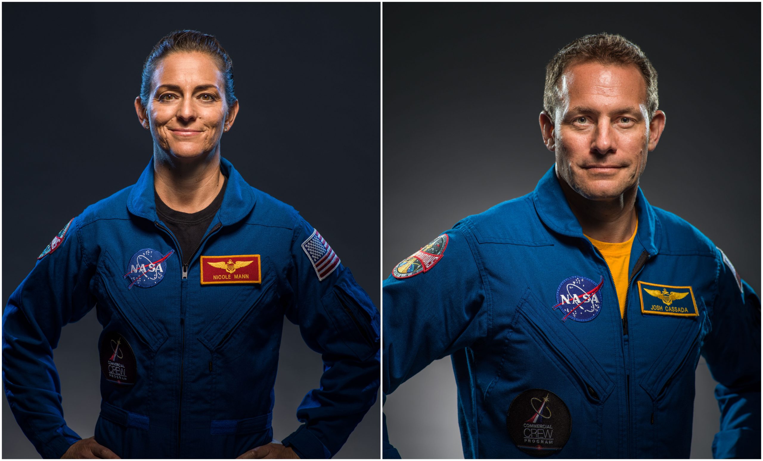 NASA astronauts Nicole Mann, left, and Josh Cassada, right.