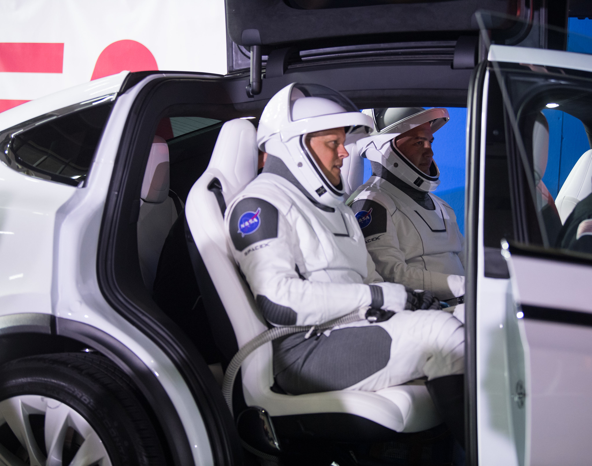 NASA astronauts Robert Hines, left, and Kjell Lindgren, right, are seen in the vehicle that will carry them and crew mates NASA astronaut Jessica Watkins, and ESA (European Space Agency) astronaut Samantha Cristoforetti, to Launch Complex 39A to board the SpaceX Crew Dragon spacecraft for the Crew-4 mission launch, Tuesday, April 26, 2022, at NASA’s Kennedy Space Center in Florida.