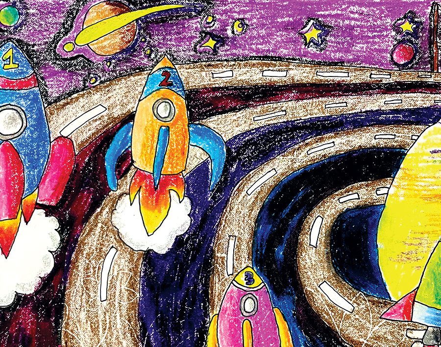 More than 700 pieces of art were submitted for the 2022 Commercial Crew Program Children’s International Artwork Contest and a total of 45 entrants were selected as winners. Featured here is the first-place selection in the Rockets, Age 4-6 category, “Ready, Get Set, Go!,” submitted by Vihaan, age 7, from India.