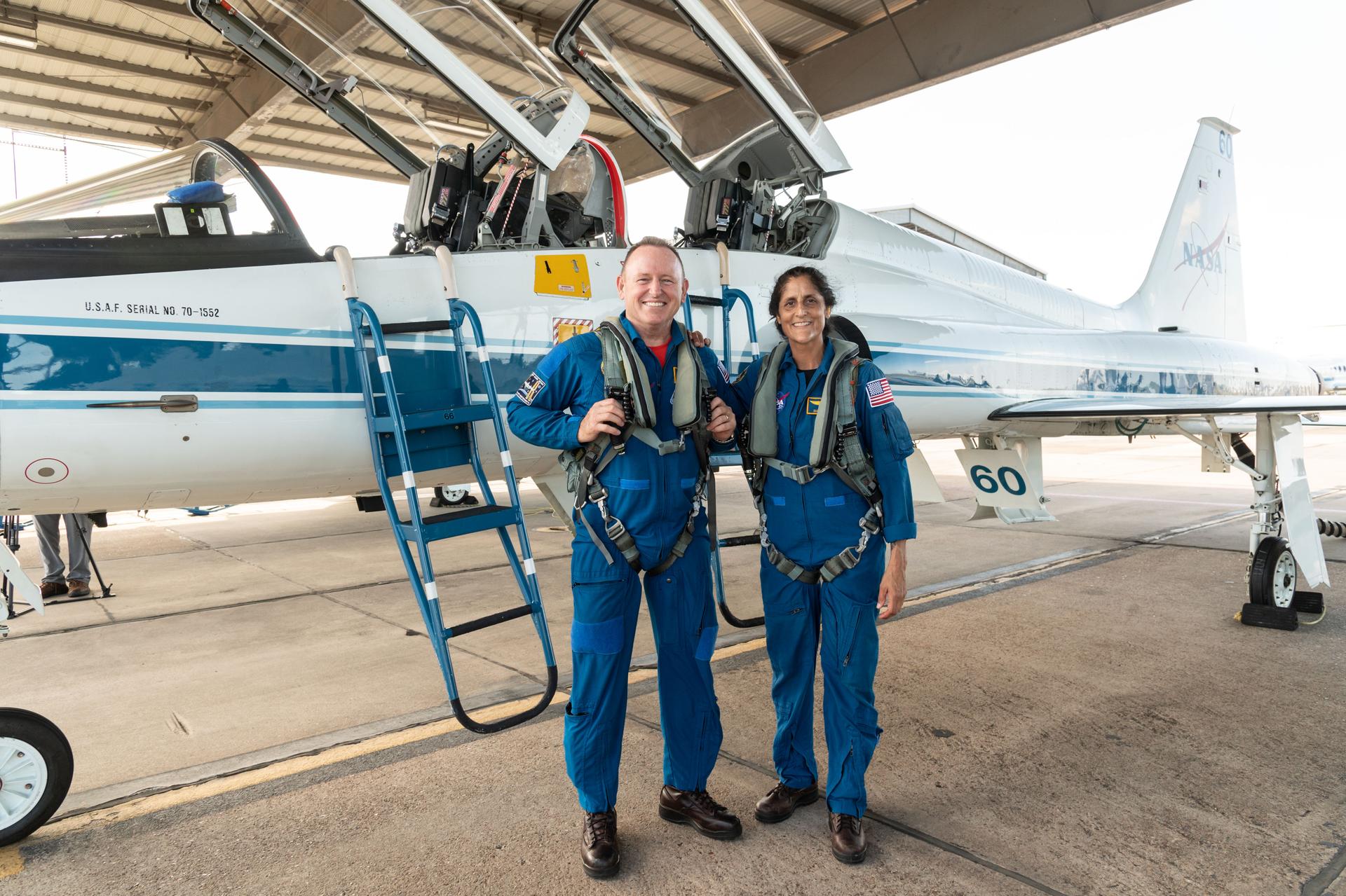 NASA's Boeing Crew Flight Test (CFT) astronauts Barry "Butch" Wilmore and Sunita "Suni" Williams pose for a picture during T-38 pre-flight activities at Ellington Field.