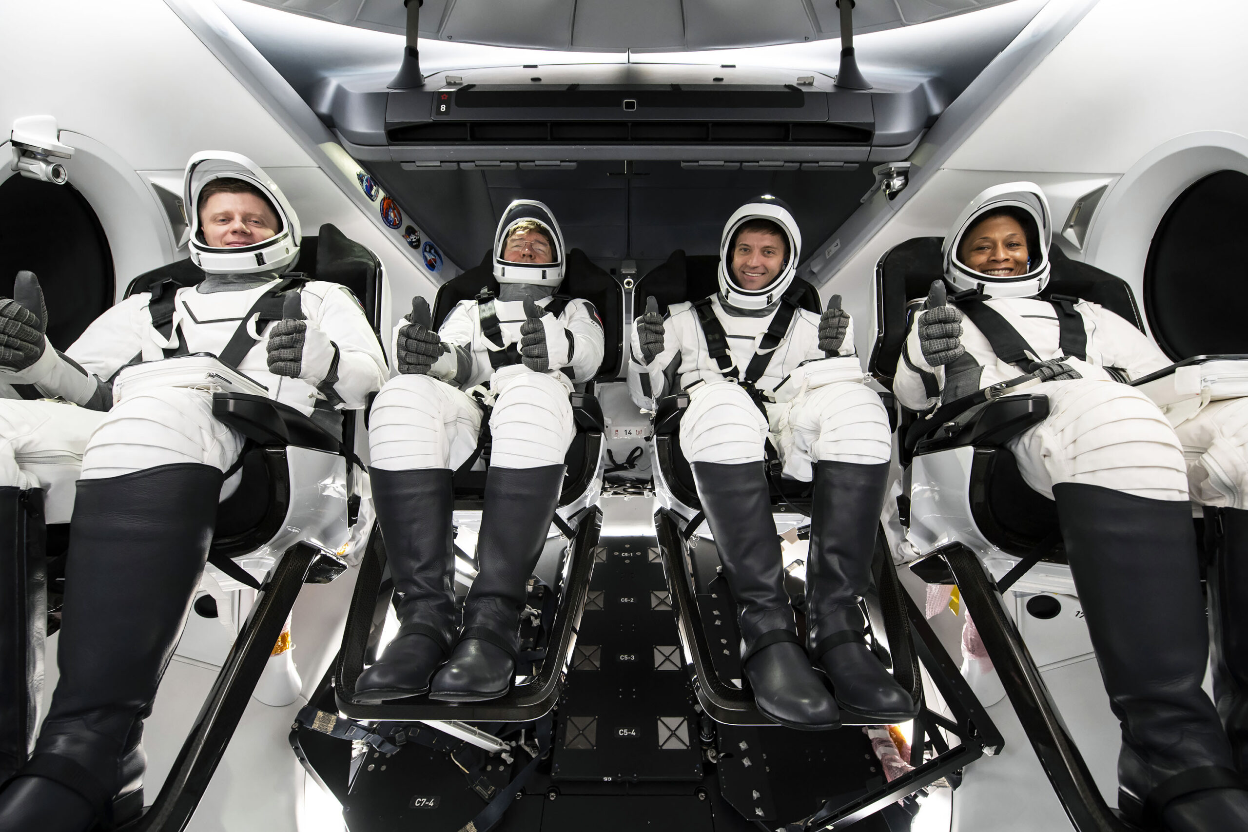 From left to right, Roscosmos cosmonaut mission specialist Alexander Grebenki; NASA astronauts Matthew Dominick, commander; Michael Barratt, pilot; and mission specialist Jeanette Epps, who will fly on NASA's SpaceX Crew-8, participate in the Crew Equipment Interface Test at Cape Canaveral Space Force Station in Florida.