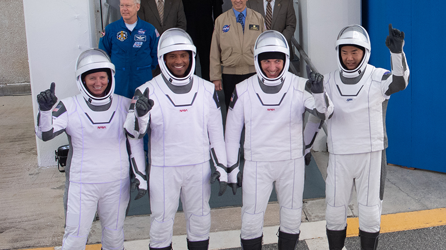 Commercial Crew astronauts (from left) Shannon Walker, Victor Glover, Mike Hopkins and Soichi Noguchi walk out to the launch pad before beginning the SpaceX Crew-1 mission on Nov. 15, 2020.