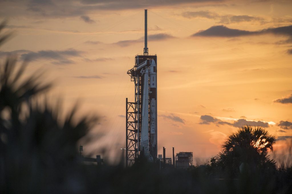 A SpaceX Falcon 9 rocket with the company's Crew Dragon spacecraft onboard is in view on the launch pad at Launch Complex 39A on Tuesday, April 20, 2021, as preparations continue for the Crew-2 mission at NASA’s Kennedy Space Center in Florida. 