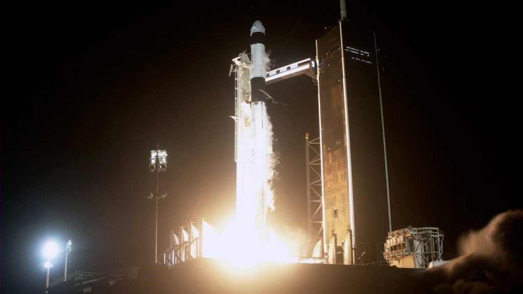 Liftoff of the SpaceX Falcon 9 rocket with Crew Dragon atop launches the Crew-2 mission at 5:49 a.m. EDT April 23, 2021, from Launch Complex 39A.