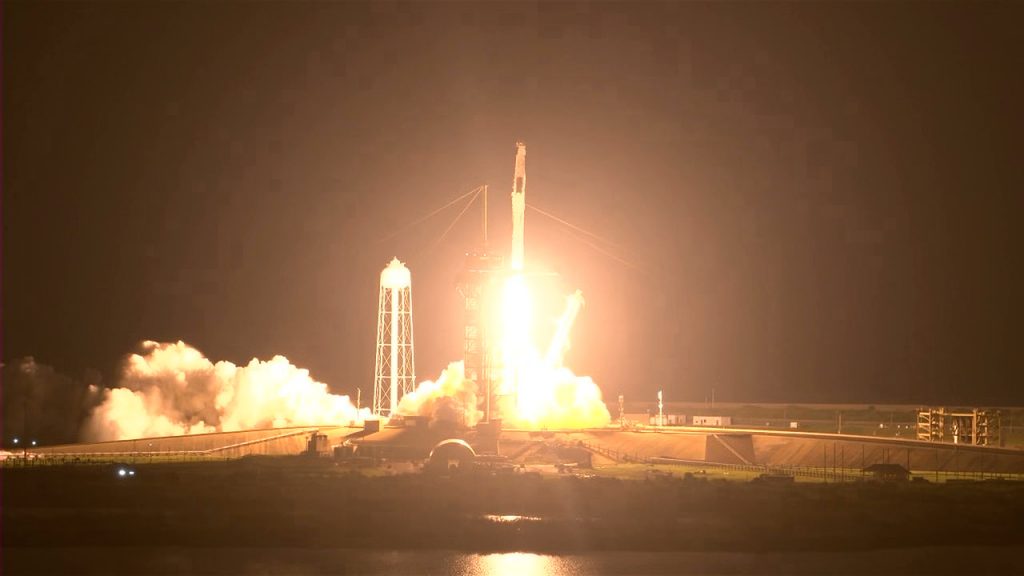 The SpaceX Falcon 9 rocket carrying the Crew-2 Dragon lifts off from Launch Complex 39A at 5:49 a.m. EDT on April 23, 2021,