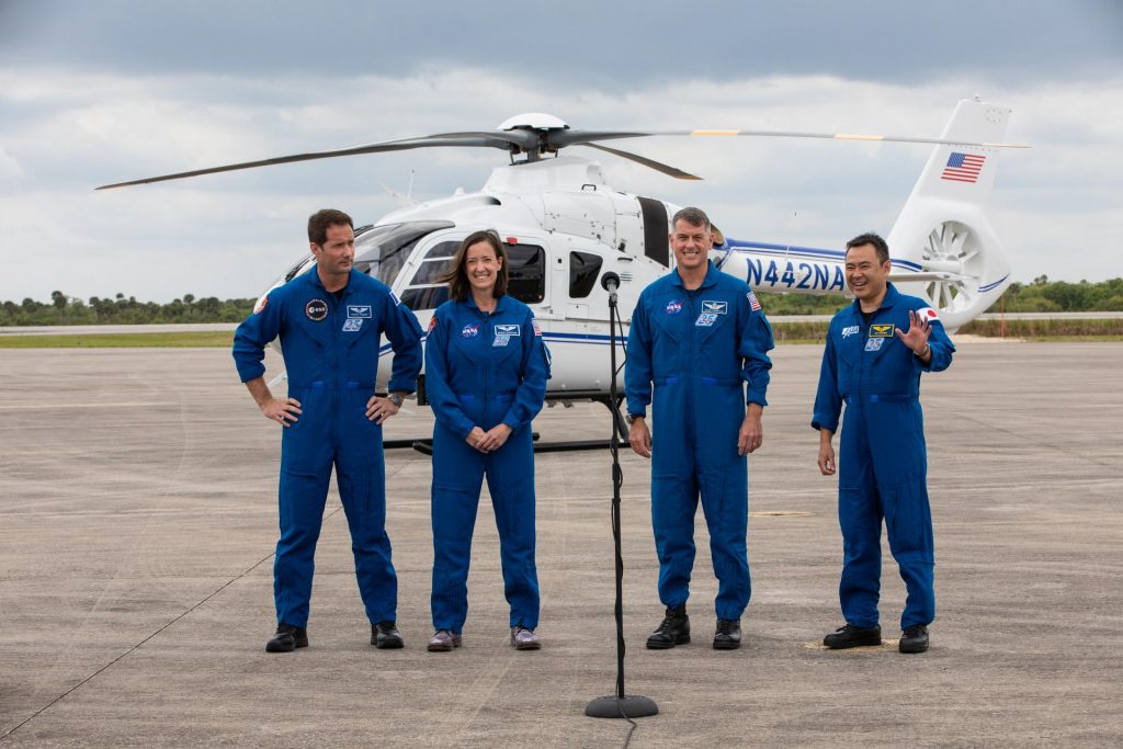 From left to right, Crew-2 mission astronauts Thomas Pesquet (ESA), Megan McArthur (NASA), Shane Kimbrough (NASA) and Ahihiko Hoshide (JAXA), arrive at NASA’s Kennedy Space Center on April 16, 2021. The astronauts are set to launch on SpaceX’s Falcon 9 rocket and Crew Dragon spacecraft on the second crew rotation mission to the International Space Station as part of NASA’s Commercial Crew Program. Liftoff is targeted for 6:11 a.m., on Earth Day, Thursday, April 22, from Launch Complex 39A at Kennedy. 