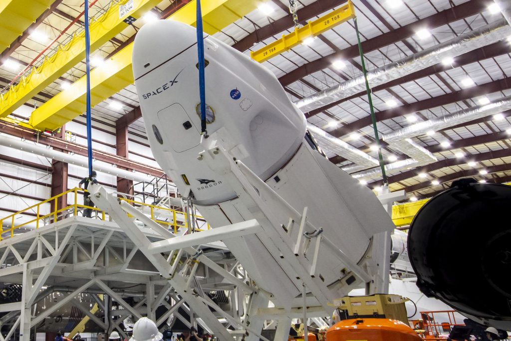 SpaceX’s Crew Dragon, named Endeavour, is lifted and mated to the SpaceX Falcon 9 rocket at NASA Kennedy Space Center’s Launch Complex 39A beginning April 13, 2021. Endeavour was transported to the Launch Complex 39A integration hangar on April 12, after making the trek from its processing facility at nearby Cape Canaveral Space Force Station. NASA astronauts Shane Kimbrough and  Megan McArthur, JAXA astronaut Akihiko Hoshide, and ESA astronaut Thomas Pesquet will fly to the International Space Station on NASA’s SpaceX Crew-2 mission.