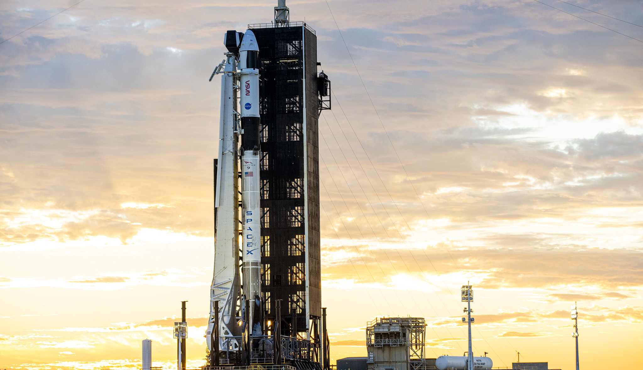 SpaceX's Falcon 9 rocket, with the Crew Dragon atop, at Kennedy Space Center's Launch Complex 39A.