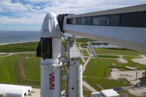 A close-up view of the SpaceX Falcon 9 rocket vertical with the Crew Dragon for the Crew-3 mission at Launch Pad 39A at NASA’s Kennedy Space Center in Florida on Oct. 27, 2021. 