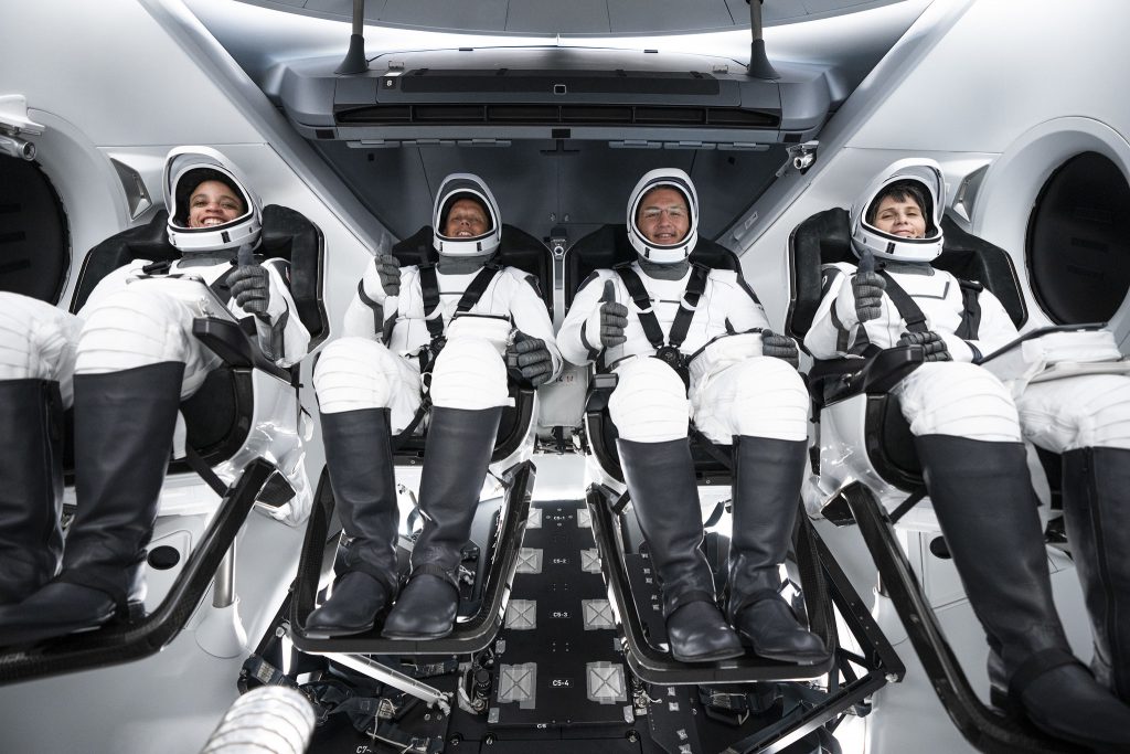 Crew-4 astronauts, from left, Jessica Watson, mission specialist; Bob Hines, pilot; Kjell Lindgren, commander and Samantha Cristoforetti, mission specialist, are positioned inside SpaceX’s Crew Dragon Freedom. Crew-4 launched to the International Space Station from Launch Complex 39A at Kennedy Space Center in Florida at 3:52 a.m. EDT on April 27, 2022. 