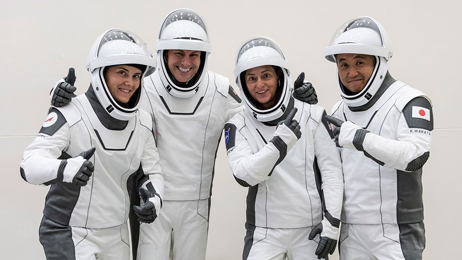 The SpaceX Crew-5 crewmates pose for a portrait. From left are, Anna Kikina of Roscosmos; Josh Cassada and Nicole Mann, both from NASA; and Koichi Wakata of the Japan Aerospace Exploration Agency. Credit: SpaceX