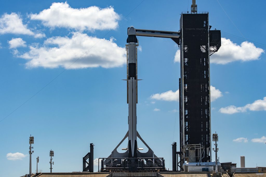 NASA's SpaceX Crew-5 rocket and spacecraft vertical at Launch Complex 39A