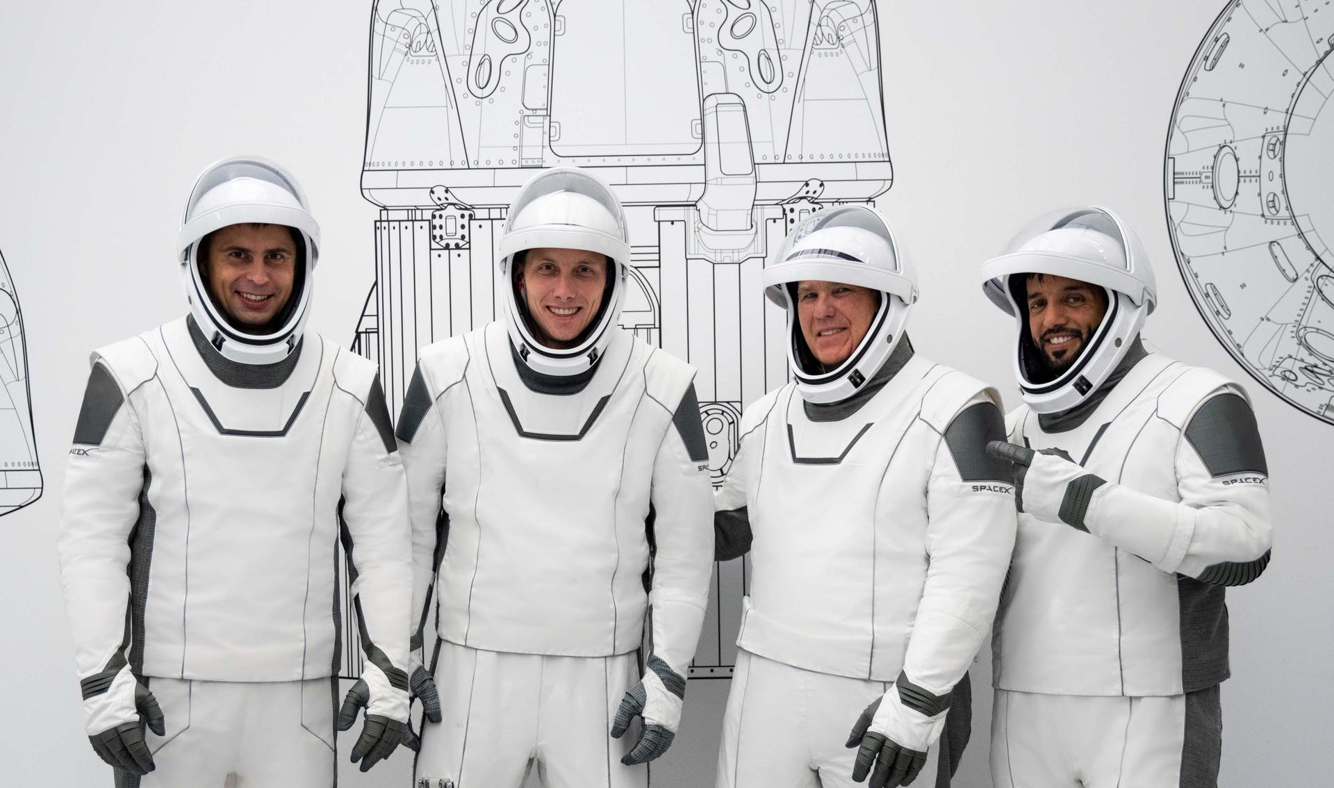 The four crew members that comprise the SpaceX Crew-6 mission pose for a photo in their spacesuits during a training session at the company's headquarters in Hawthorne, California. From left are, Mission Specialist Andrey Fedyaev, Pilot Warren "Woody" Hoburg, Commander Stephen Bowen, and Mission Specialist Sultan Alneyadi.