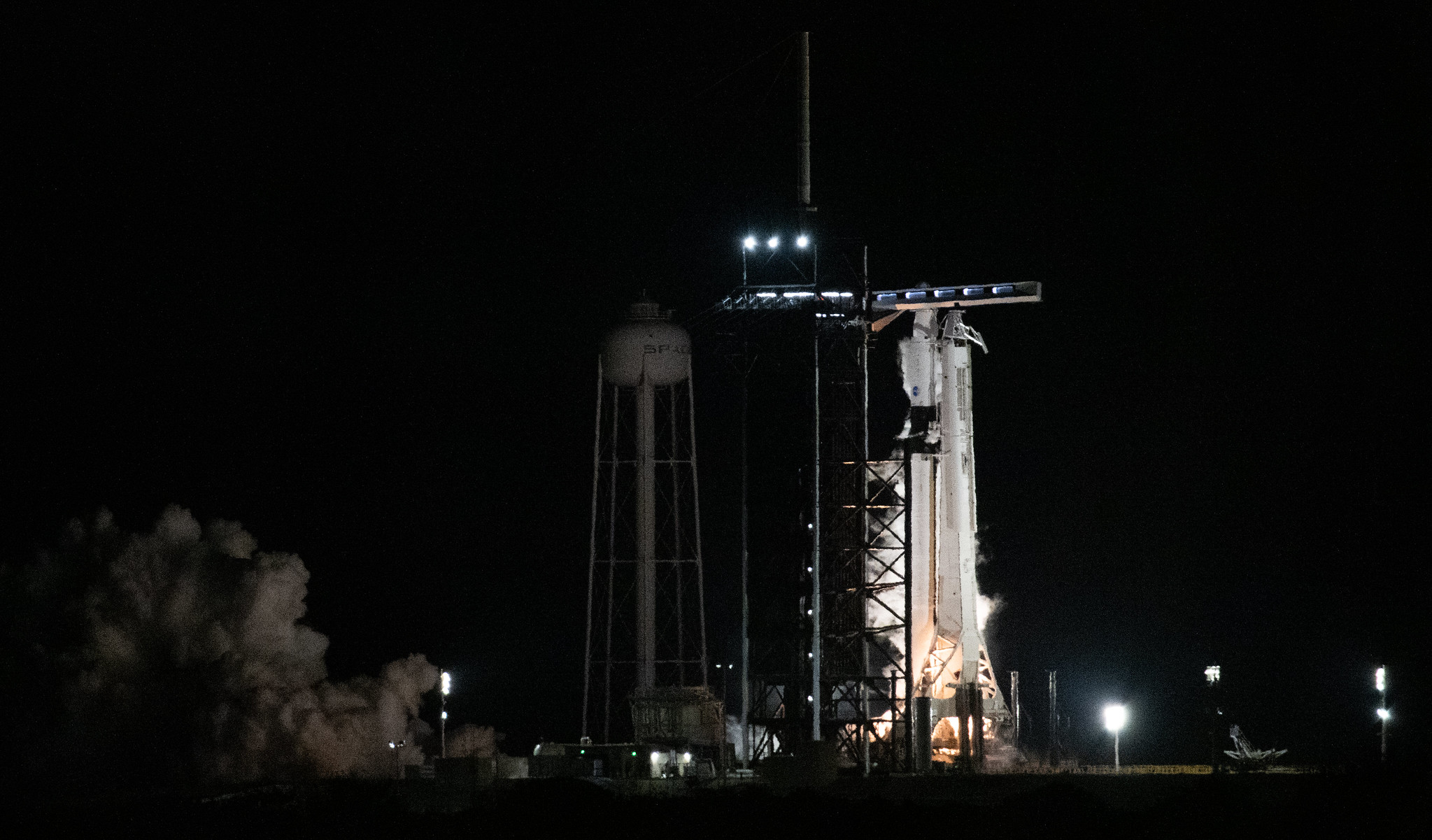 A Falcon 9 rocket static fire test for NASA's SpaceX Crew-6 mission