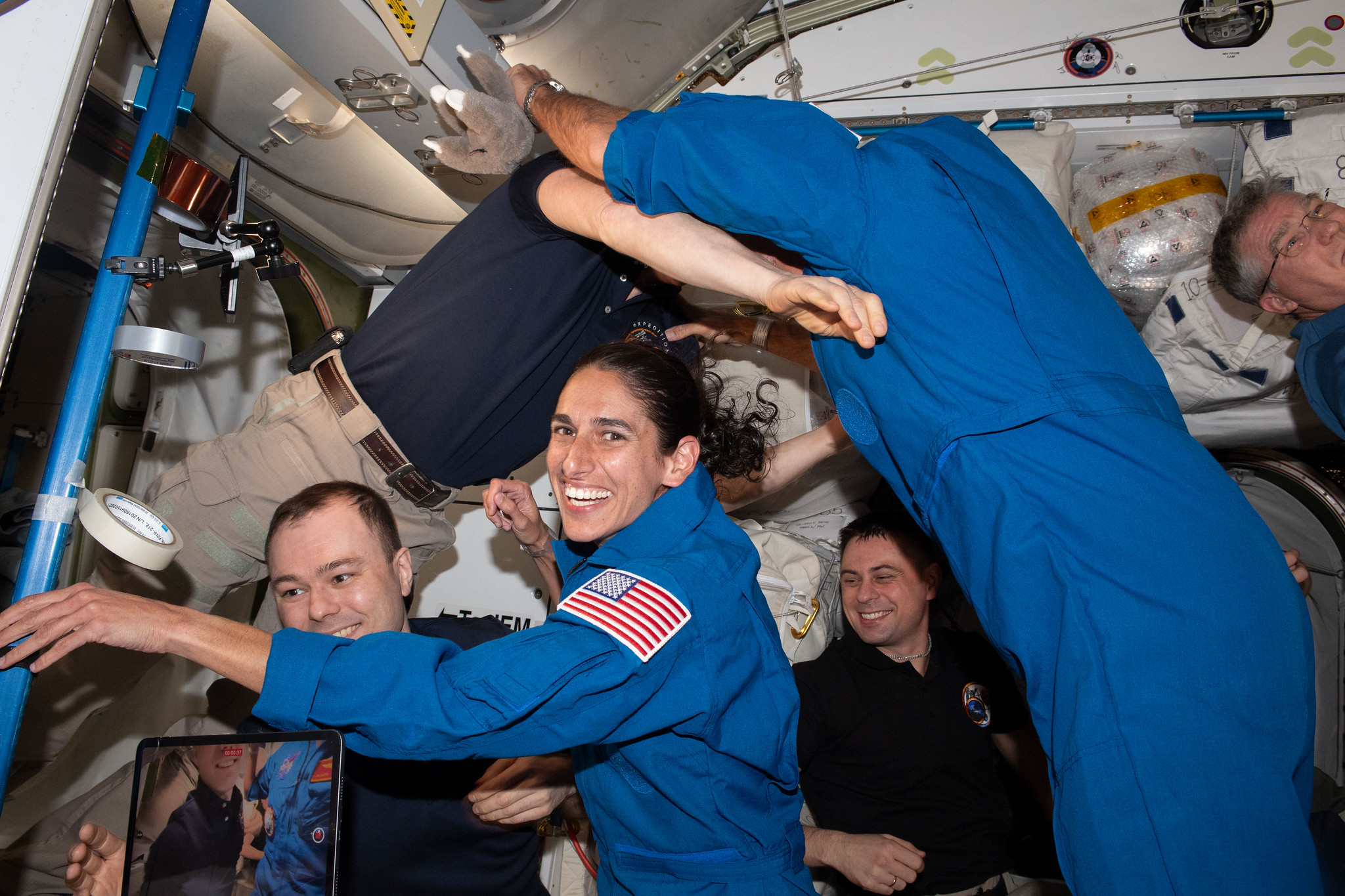 NASA astronaut and Crew-7 Commander, Jasmin Moghbeli, poses for a photo in the first moments the Crew-7 quartet is onboard the International Space Station after hatch opening on August 27, 2023.