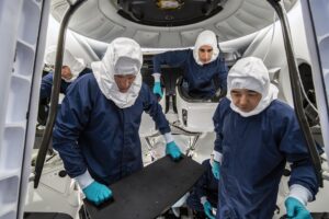 NASA’s SpaceX Crew-7 crew members familiarize themselves with SpaceX’s Dragon spacecraft at the company’s refurbishment facility at Cape Canaveral Space Force Station in Florida on July 22, 2023. From left are Roscosmos cosmonaut Konstantin Borisov, mission specialist; ESA (European Space Agency) astronaut Andreas Mogensen, pilot; NASA astronaut Jasmin Moghbeli, commander; and JAXA (Japan Aerospace Exploration Agency) astronaut Satoshi Furukawa, mission specialist.