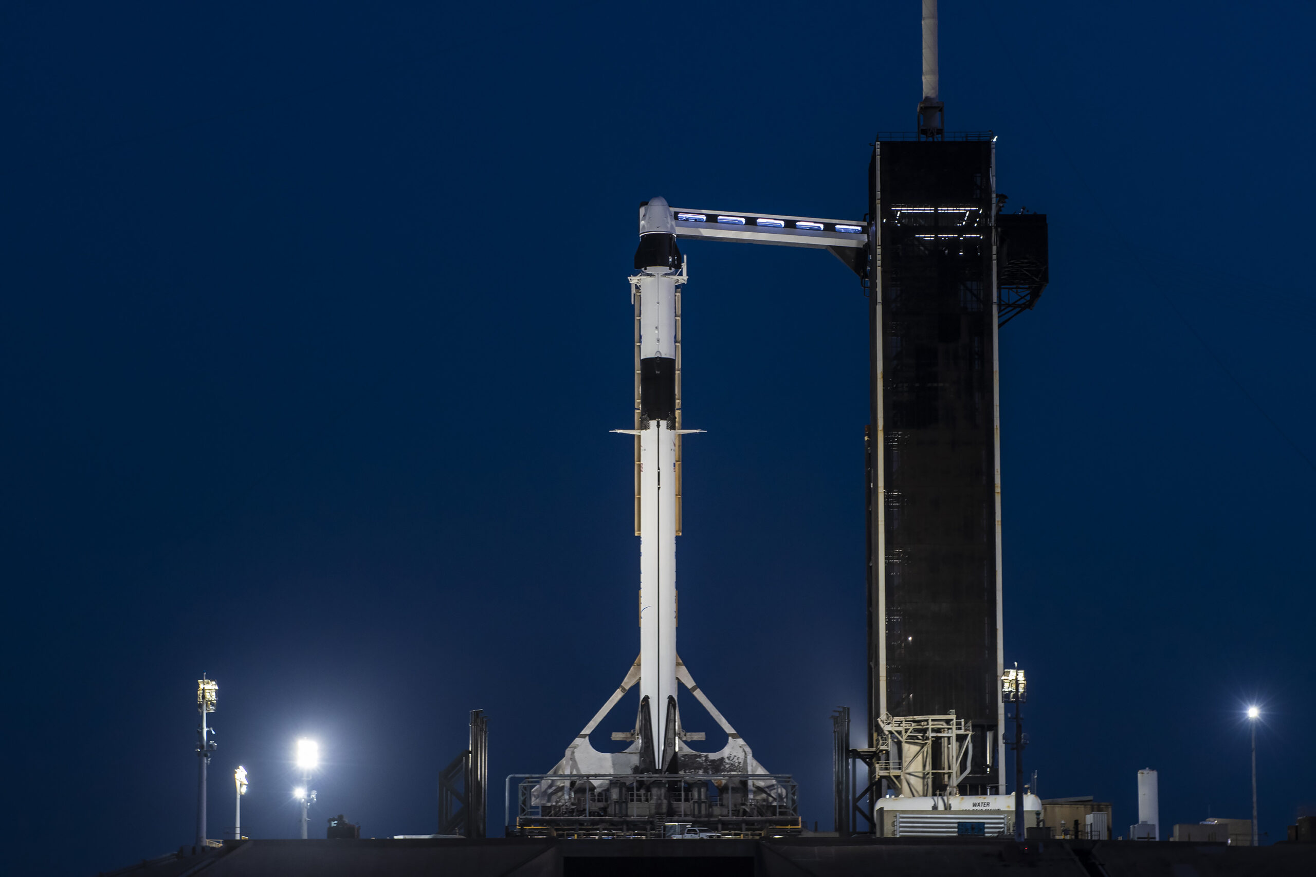 SpaceX's Falcon 9 rocket and Dragon Endurance spacecraft are photographed at Kennedy Space Center's Launch Complex 39A in Florida.