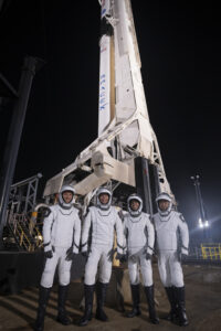 NASA's Crew-7 crew members are photographed in front of SpaceX's Falcon 9 rocket following their arrival to Launch Complex 39A at Kennedy Space Center during a dry dress rehearsal on Aug. 22, 2023.