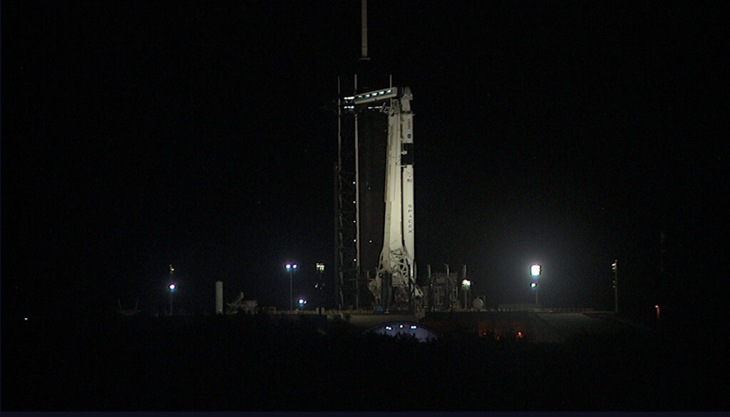 The SpaceX Falcon 9 rocket with the Dragon spacecraft atop is on the pad atd Launch Complex 39A at NASA's Kennedy Space Center in Florida. 