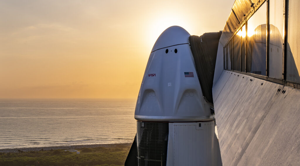 SpaceX’s Dragon spacecraft, atop the company’s Falcon 9 rocket, stands tall at the pad at Launch Complex 39A as the sun rises at NASA’s Kennedy Space Center in Florida on Wednesday, Aug. 23, 2023. 