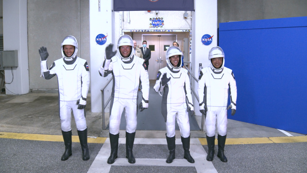 The Crew-7 astronauts walk out of the Neil Armstrong Operations and Checkout Building at NASA's Kennedy Space Center in Florida on Aug 26, 2023.