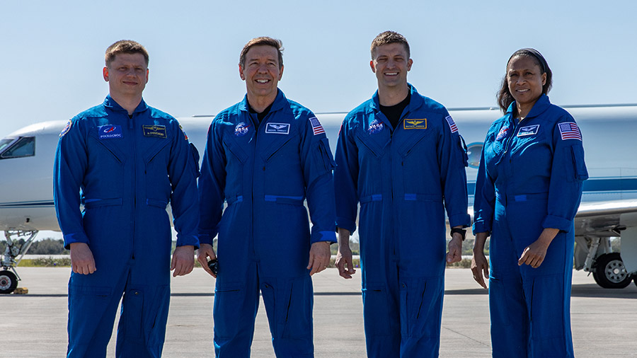 The four SpaceX Crew-8 members are pictured shortly after arriving at Kennedy Space Center in Florida on Feb. 25, 2024. Credit: NASA/Kim Shiflett