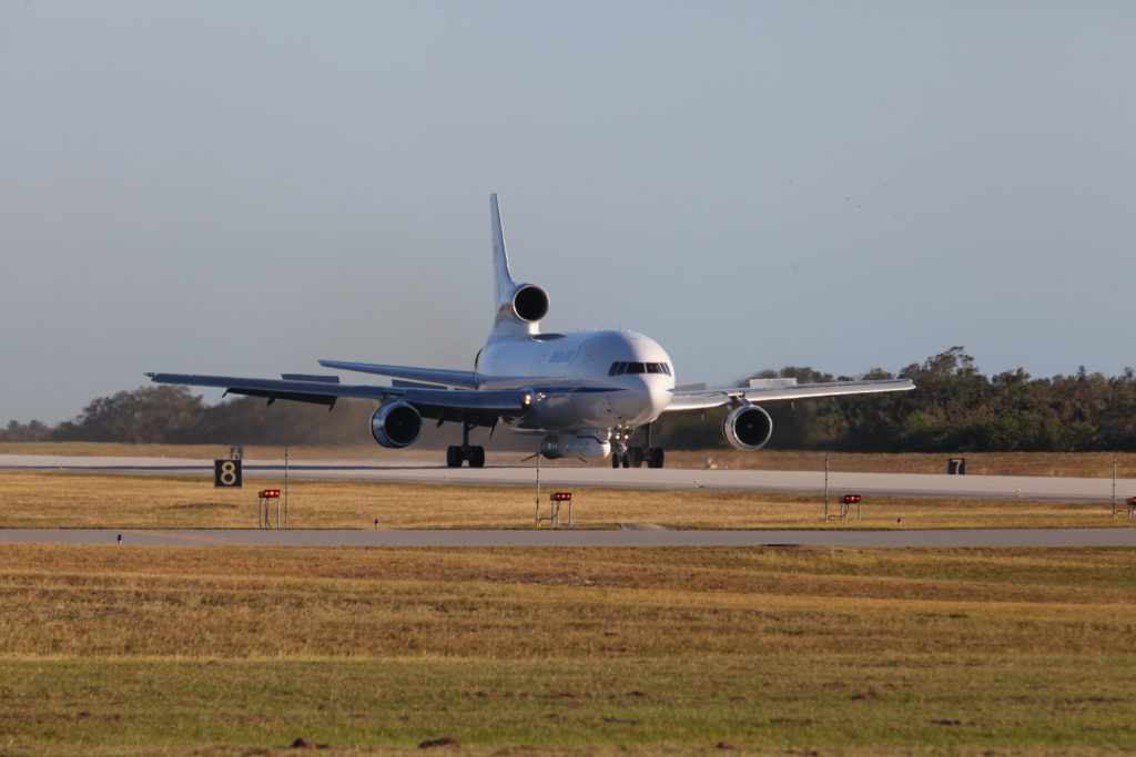 Orbital ATK Stargazer aircraft arrives at the Skid Strip at Cape Canaveral Air Force Station in Florida.