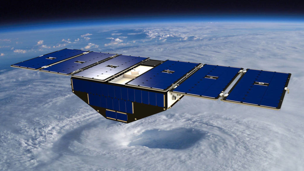 Artist concept of a CYGNSS observatory in orbit.